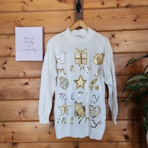 P' Galli‎ Vintage 80s 90s Christmas Sweater Tunic Gold Silver Sequins Merry Sz M